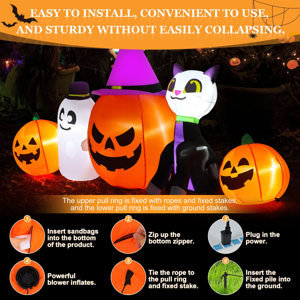 Witchwood™ 8ft Halloween Inflatable Pumpkins Outdoor Decor with Black Cat and Spectre,Built-in LED Lights,for Halloween Party,Yard,Garden,Lawn