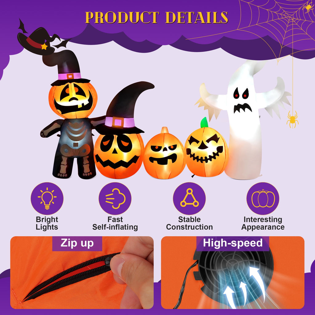 Witchwood™ Vrilay Halloween Inflatables, 7 FT Long 4 Pumpkins with Cute White Ghost Outdoor Decorations, Built-in LEDs, Blow Up Party, Waterproof Yard, Garden, Lawn Decor