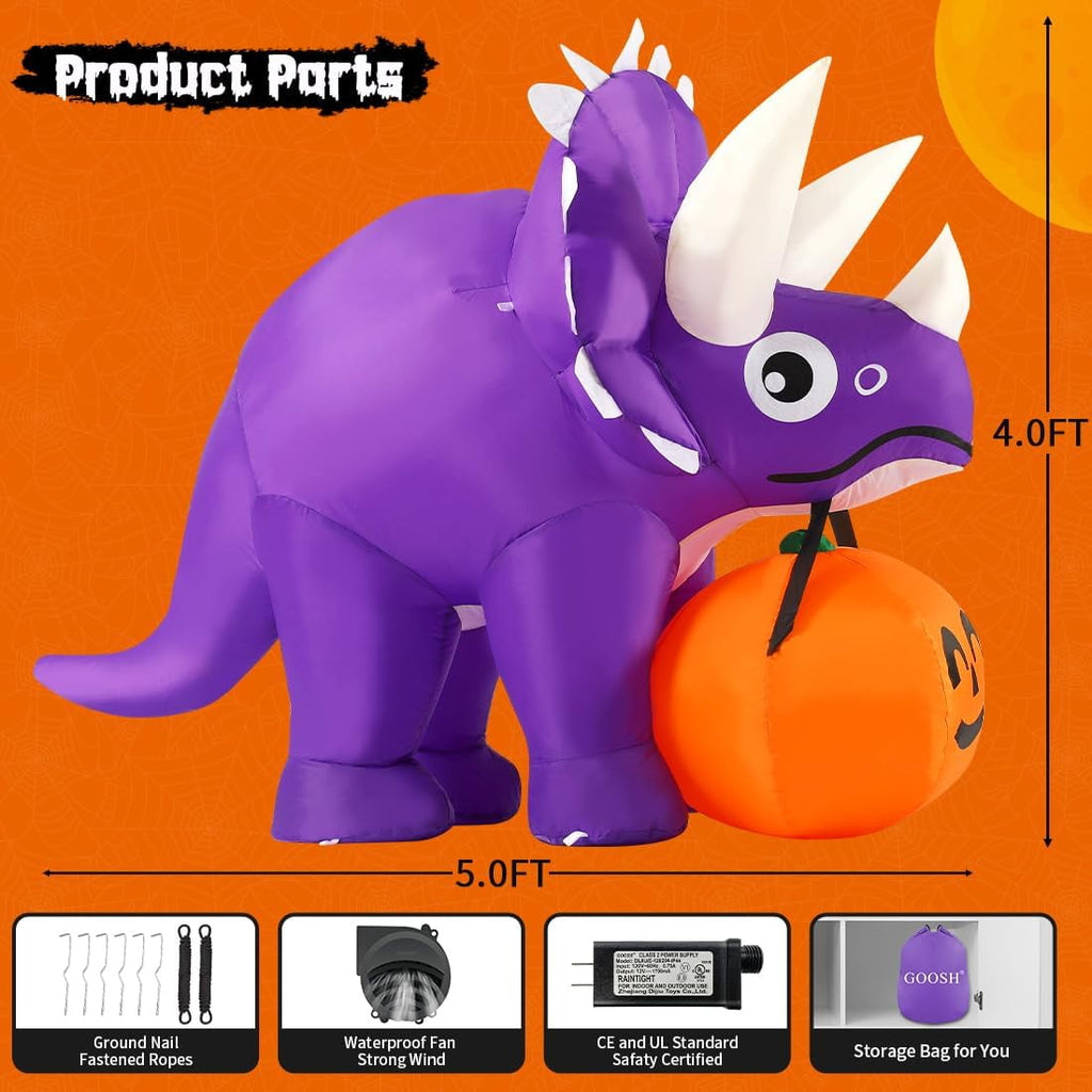 Witchwood™ Halloween Inflatable 5 FT Halloween Dinosaur Inflatable, Inflatable Halloween Dinosaur Halloween Dinosaur Decorations with LED Lights, Halloween Decorations Inflatables Clearance for Holiday