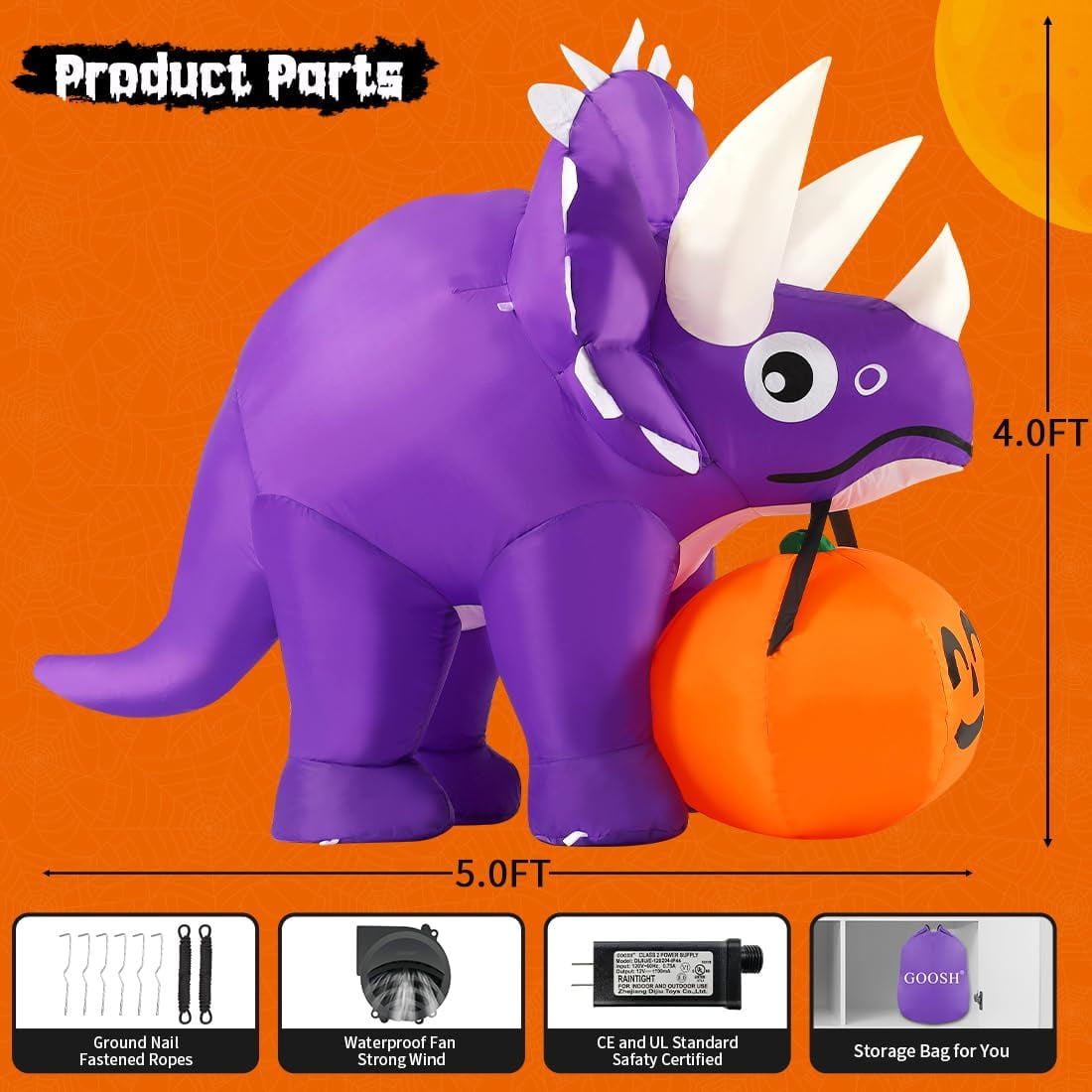 Witchwood™ Halloween Inflatable 5 FT Halloween Dinosaur Inflatable, Inflatable Halloween Dinosaur Halloween Dinosaur Decorations with LED Lights, Halloween Decorations Inflatables Clearance for Holiday
