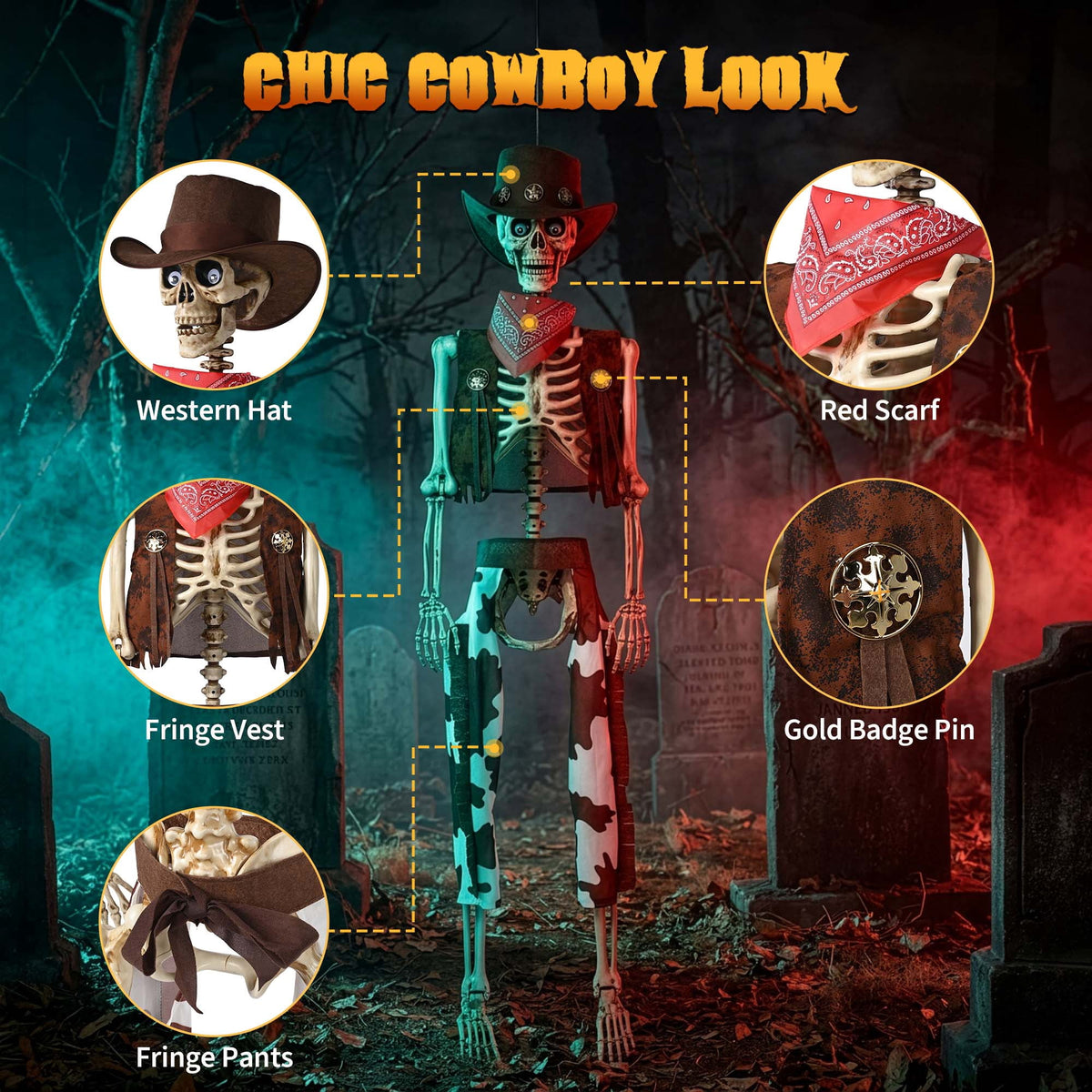 Witchwood™ Yescom Halloween 5.6Ft Life Size Skeleton Cowboy Detailed Costume Outdoor Indoor Haunted House Props Decor 2026
