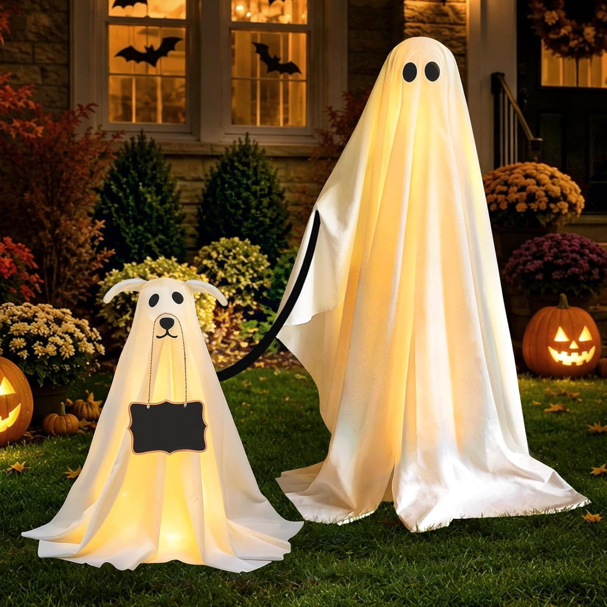 Witchwood™ Clearance Outdoor Halloween Decorations 2 Pack Spooky Ghost Dog Light-Up Freestanding Swinging Ghost for Front Door Porch Yard Lawn Home Party