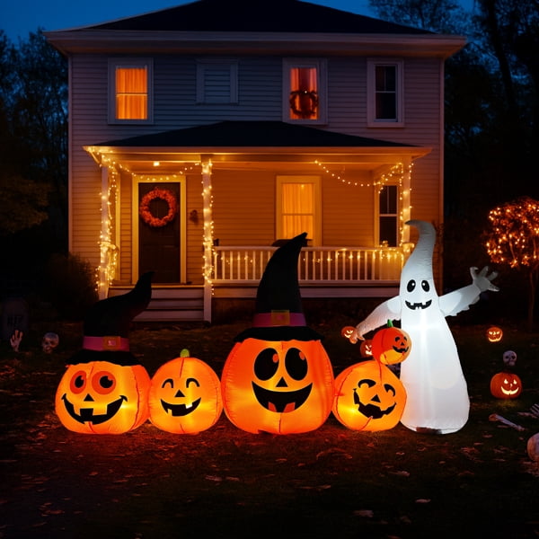 Witchwood™ 8FT Halloween Inflatable Pumpkin Ghost Scene, 5 Total LEDs, Waterproof Polyester, Quick Inflation with Stakes/Ropes for Yard/Garden/Indoor