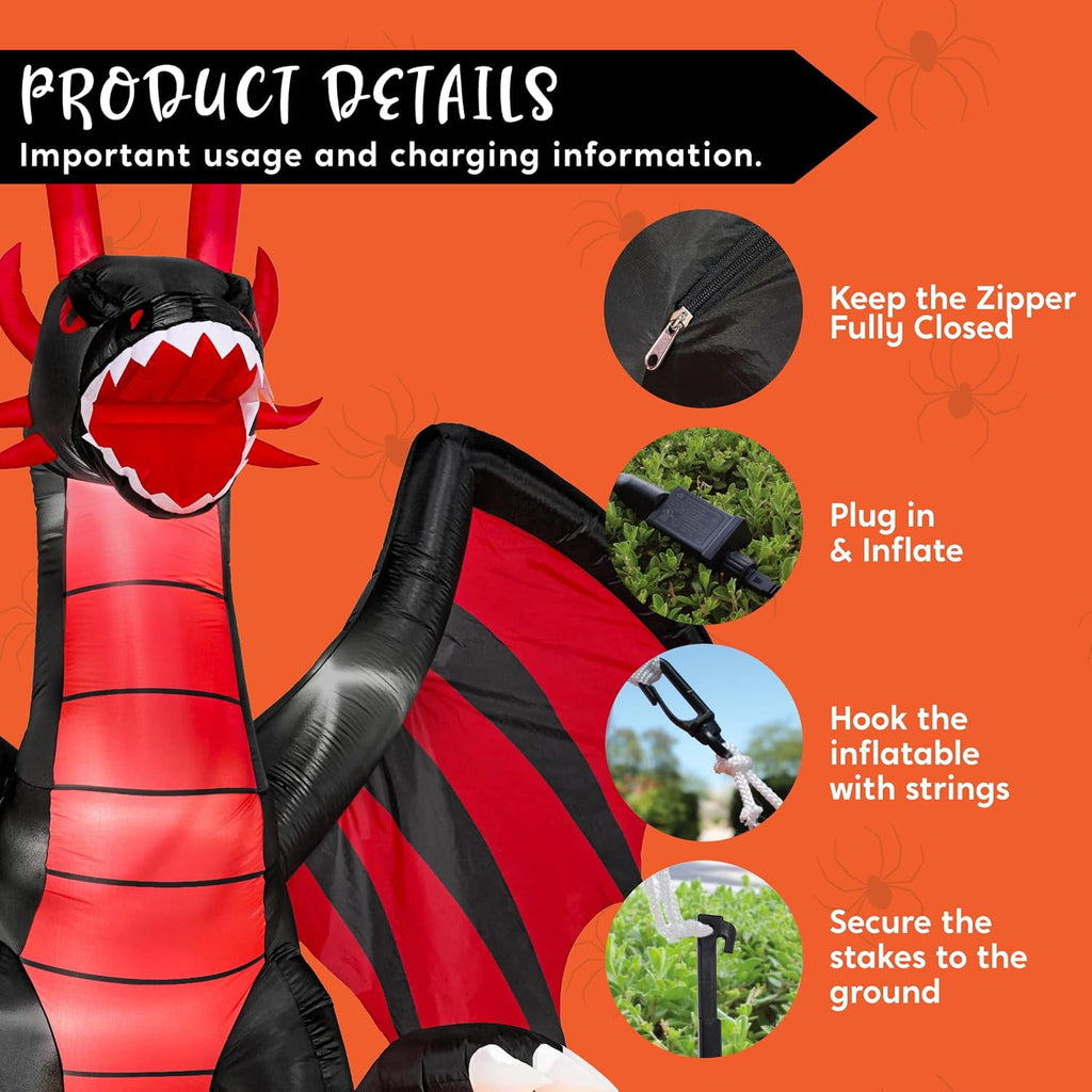 Witchwood™ 8 ft Halloween Inflatable Fire Dragon with Pumpkin,Animated Moving Mouth & Internal LED Lights,Blow Up Yard Decor Outdoor Lawn Garden Indoor Porch Patio Spooky Halloween Decoration