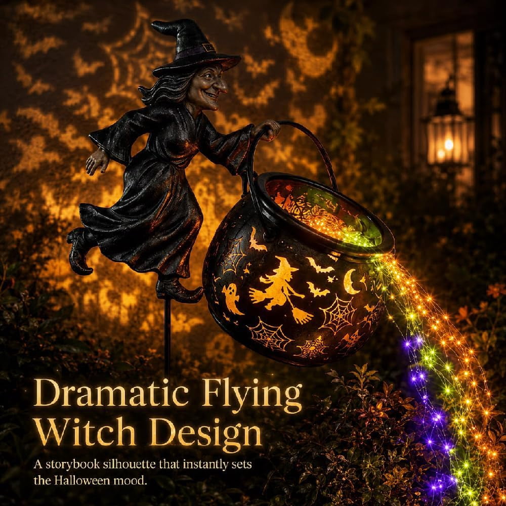 Witchwood™ Halloween Witch Cauldron Garden Light, Waterfall-Style Enchanted Witch Cauldron Garden Decoration, Halloween LED Projector Lights Decorations Outdoor with Stake for Yard Lawn Porch Party