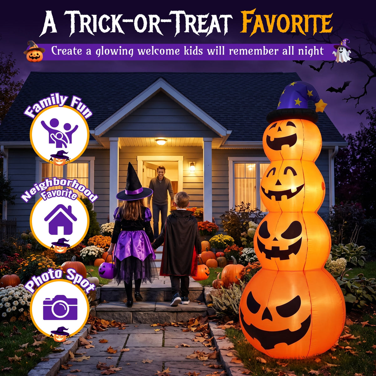 Witchwood™ 8 ft Halloween Pumpkin Stack Inflatable Decoration with Witch Hat, Lighted Blow up Yard Decor for Outdoor Lawn Garden