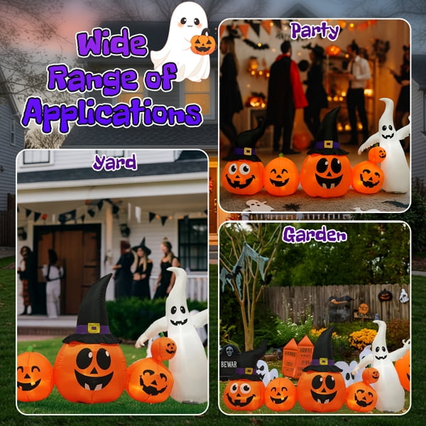 Witchwood™ 8FT Halloween Inflatable Pumpkin Ghost Scene, 5 Total LEDs, Waterproof Polyester, Quick Inflation with Stakes/Ropes for Yard/Garden/Indoor
