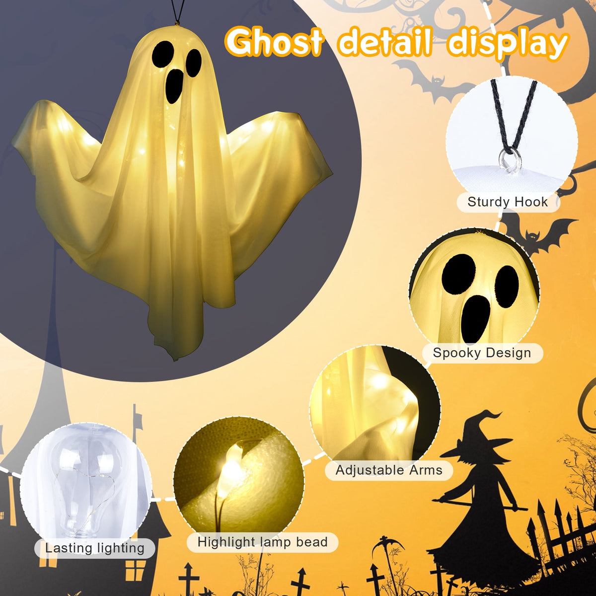 Witchwood™ 3 pack Hanging Ghosts Halloween Decor, 20 inch LED Glowing Ghost Halloween Decorations Outdoor Lights for Yard Porch Tree Garden Patio Bedroom Wall Party, Warm White
