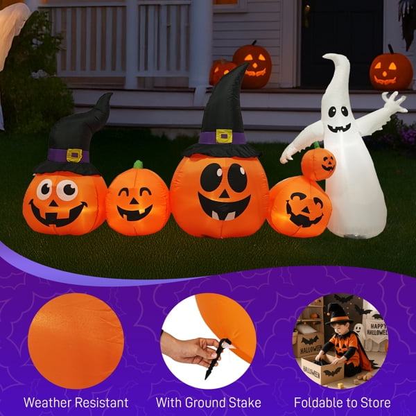 Witchwood™ 8FT Halloween Inflatable Pumpkin Ghost Scene, 5 Total LEDs, Waterproof Polyester, Quick Inflation with Stakes/Ropes for Yard/Garden/Indoor