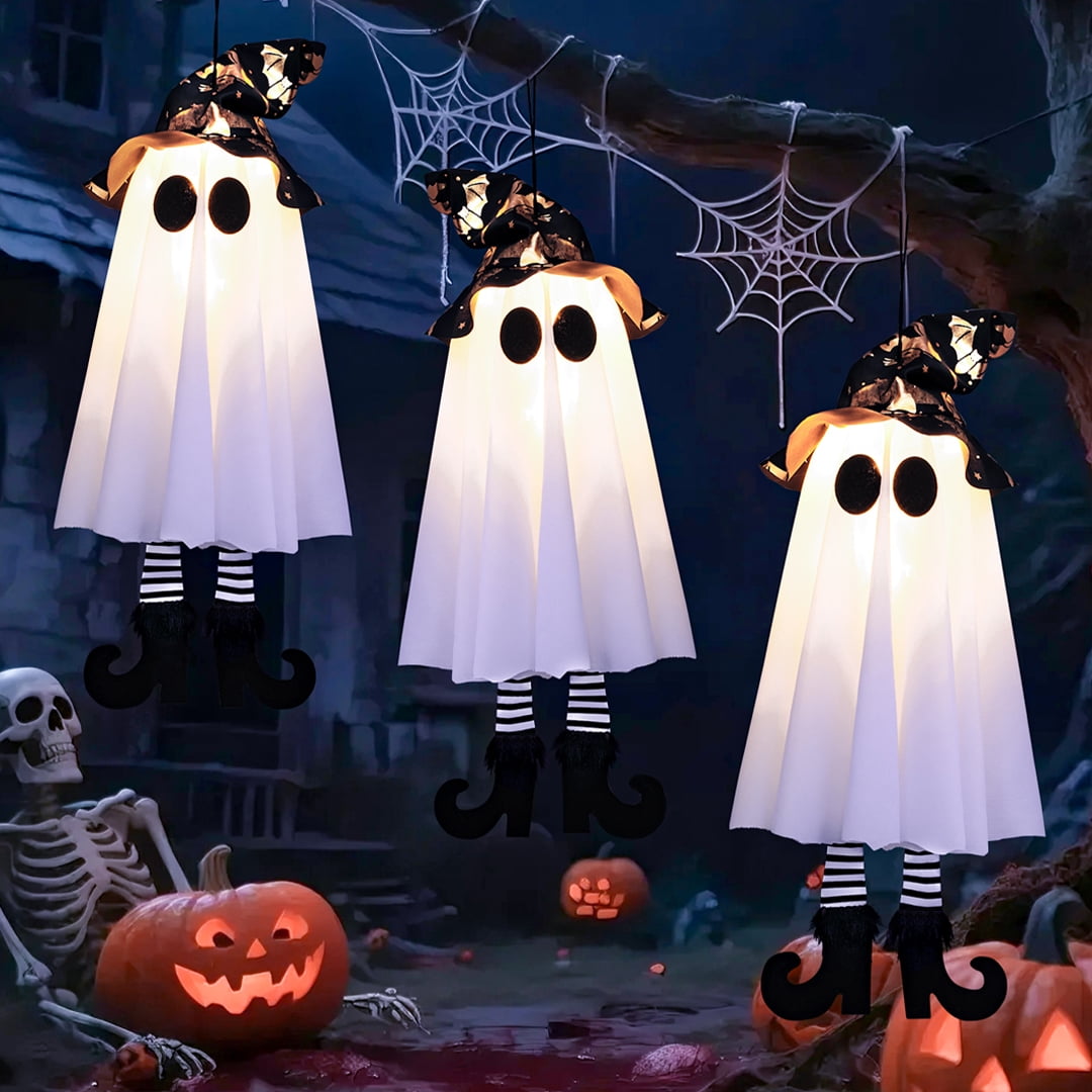 Witchwood™ 18In Set of 3 Halloween Hanging Ghosts,Halloween Decorations Outdoor Hanging Ghosts with Witch Hat,Glowing Ghost Witch Hat Lights Halloween Ghost Decor for Yard Patio Garden Tree Outside