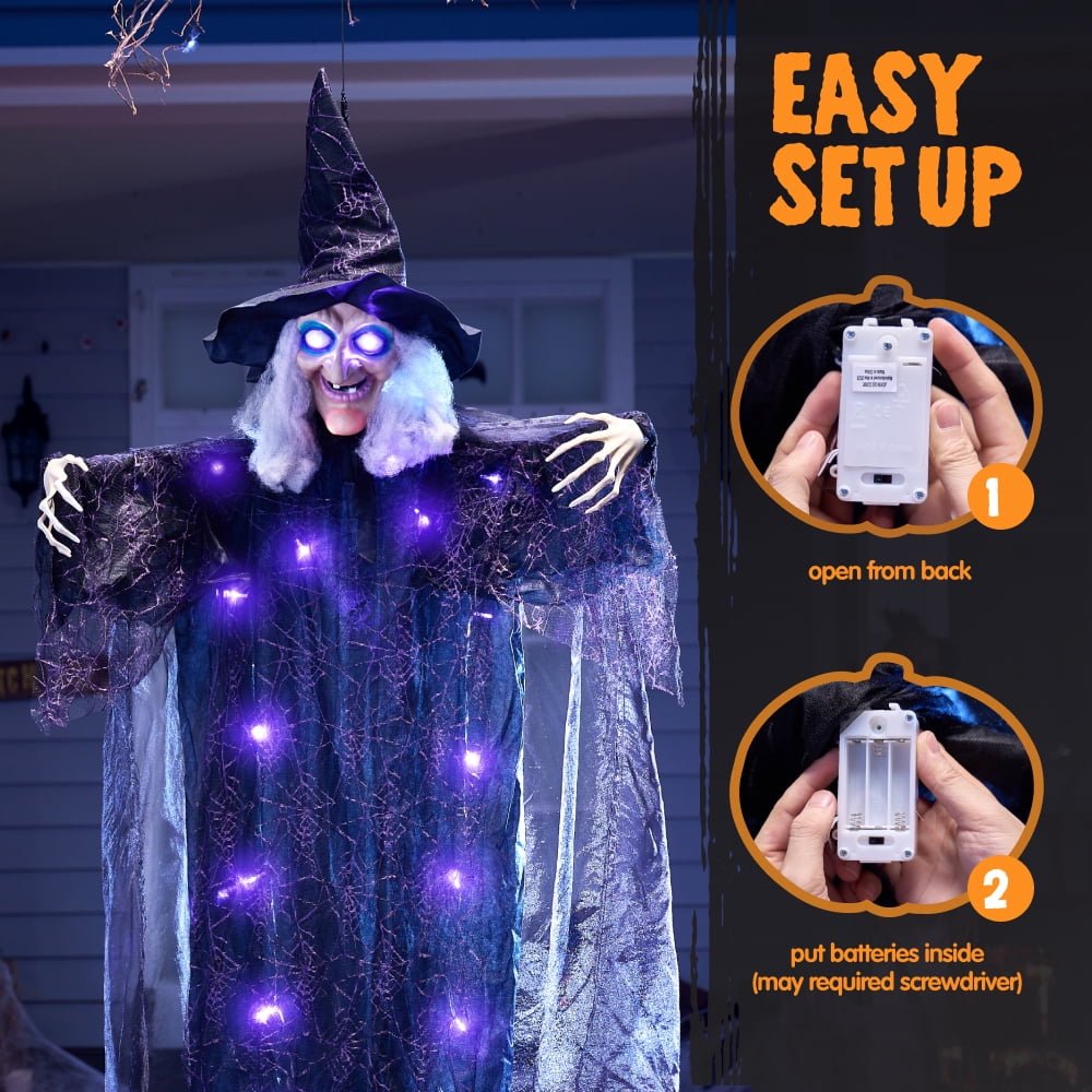 Witchwood™ 6ft Halloween Witch Decoration,Outdoor Scary Halloween Animatronic Hanging Witch with Light Up Eyes and Sound Decoration for Halloween Outdoor