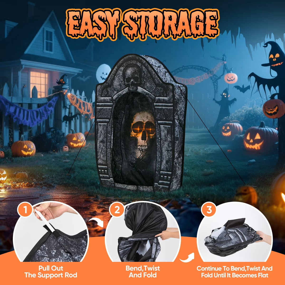 Witchwood™ Wondiair 41" Halloween Skull Tombstone with Glowing LED Eyes, Foldable Outdoor Graveyard Decoration for Yard, Lawn, Cemetery & Haunted House