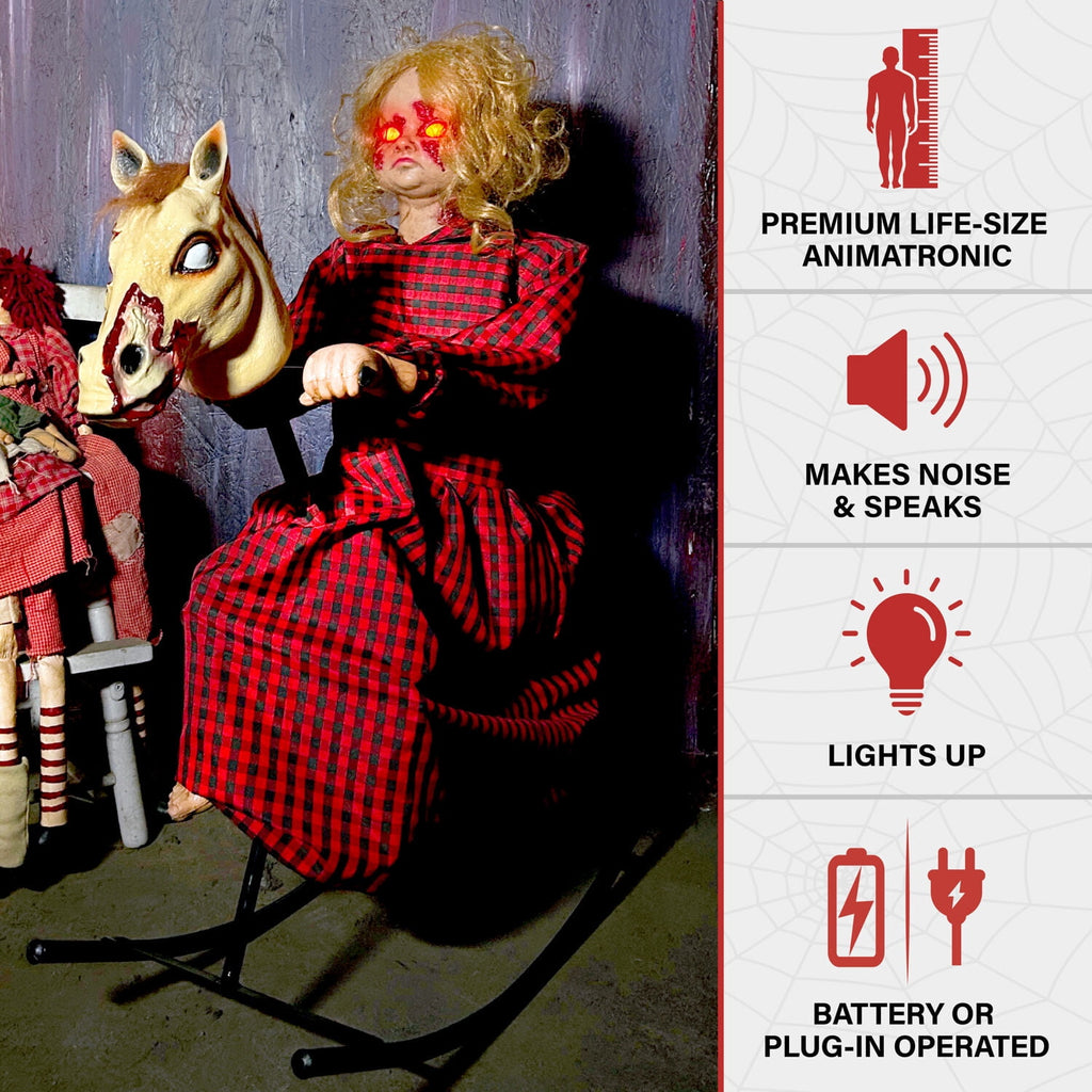 Witchwood™ 3.2 ft Voice & Sound-Sensor Rocking Horse Girl Halloween Animatronic, HHRCKHRSGRL-1FLSA