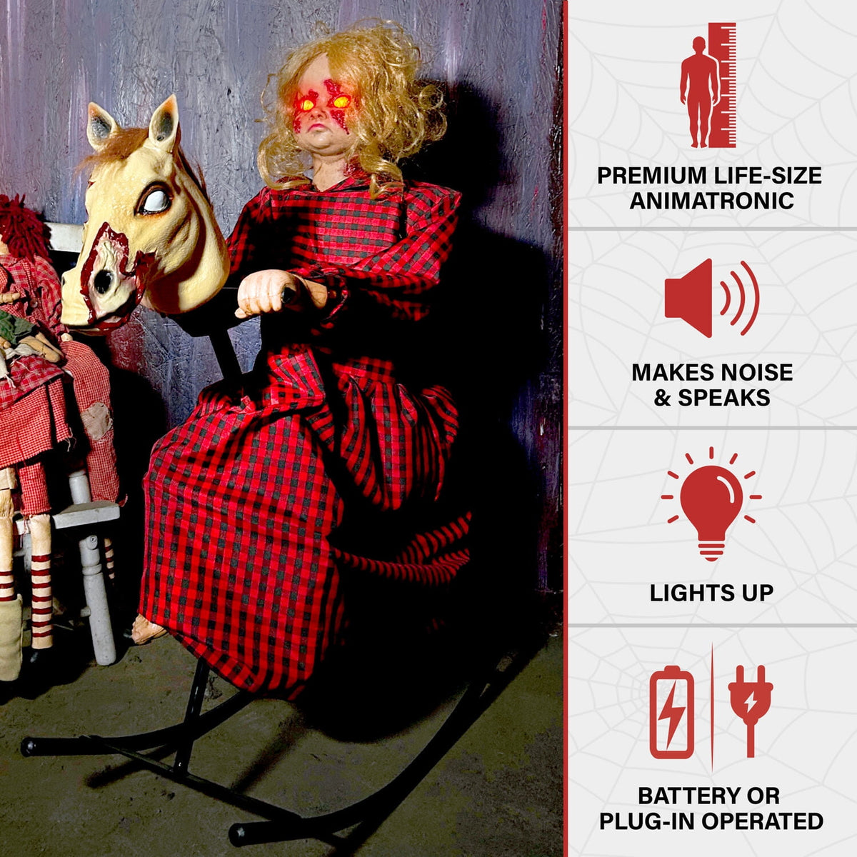 Witchwood™ 3.2 ft Voice & Sound-Sensor Rocking Horse Girl Halloween Animatronic, HHRCKHRSGRL-1FLSA