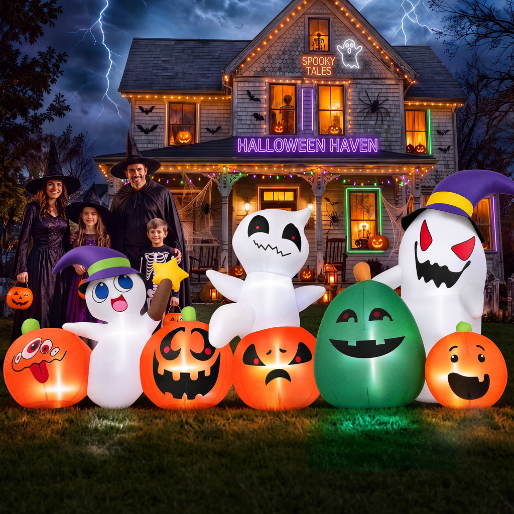Witchwood™ (2 pack) 7ft Long Halloween Inflatable with Lights,Pumpkin Ghost for Outdoor Decorations