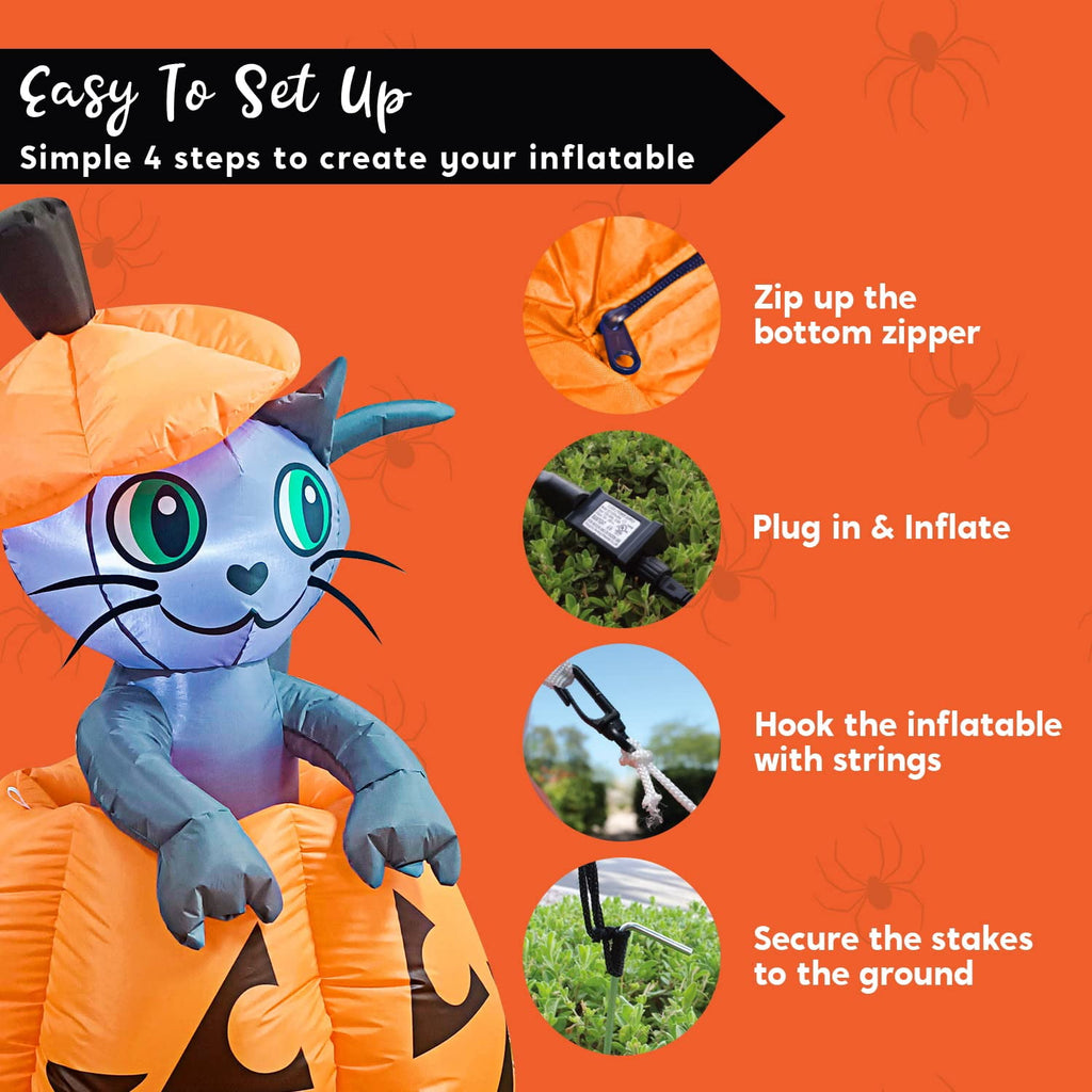 Witchwood™ 5 ft Halloween Inflatable Animated Cat on Pumpkin,Halloween Outdoor Decoration with LED Lights,Blow Up Decoration for Yard & Lawn,Party