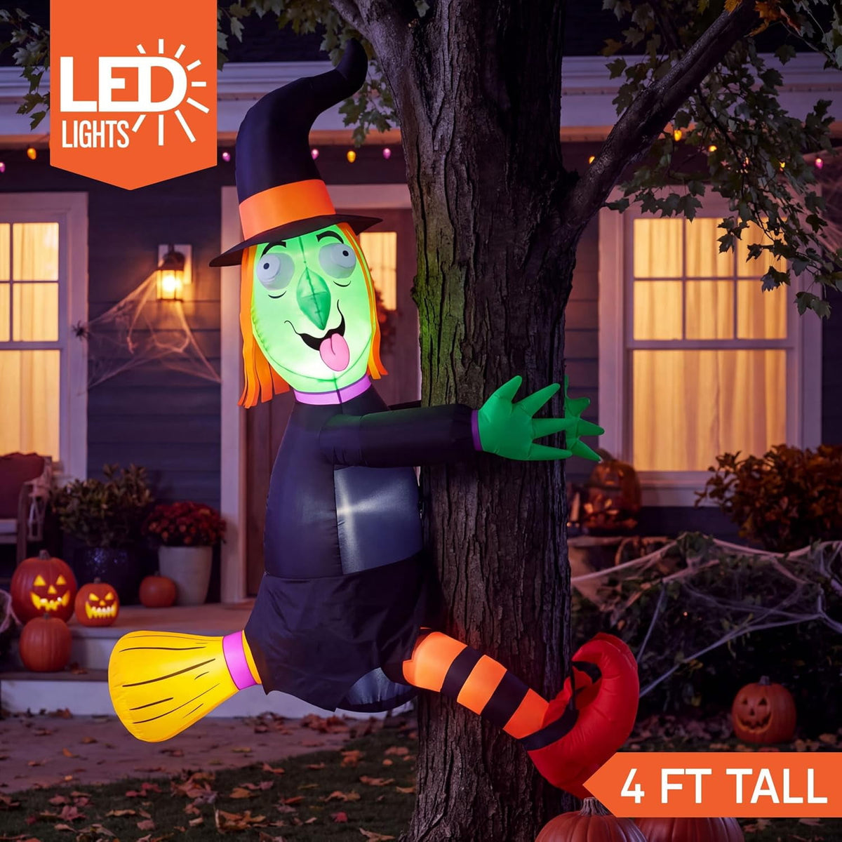Witchwood™ 4 FT Halloween Inflatables Witch Crashing Into Tree,LED Lighted Blow Up Yard Decoration for Outdoor Garden Lawn Party Decor