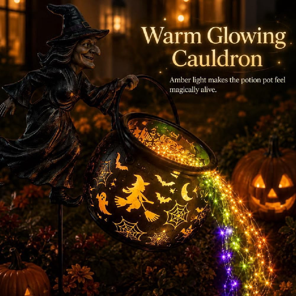 Witchwood™ Halloween Witch Cauldron Garden Light, Waterfall-Style Enchanted Witch Cauldron Garden Decoration, Halloween LED Projector Lights Decorations Outdoor with Stake for Yard Lawn Porch Party