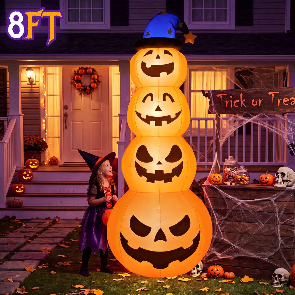 Witchwood™ 8 ft Halloween Pumpkin Stack Inflatable Decoration with Witch Hat, Lighted Blow up Yard Decor for Outdoor Lawn Garden