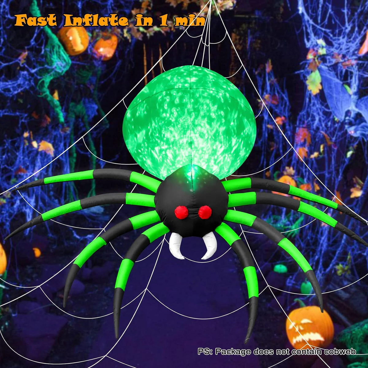 Witchwood™ 8FT Halloween Spider Inflatables Outdoor Decorations for Yard, Giant Green Spider with Blow up Rotating Fire Flame, Large Spooky Spider Props for Halloween Party Garden Lawn House Holiday Room Decor
