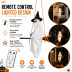 Witchwood™ LIGHTED HANGING GHOST WITCH HALLOWEEN DECORATION Floating White Ghost With Black Witch Hat Rustic Broom And Orange Bow Warm Glow