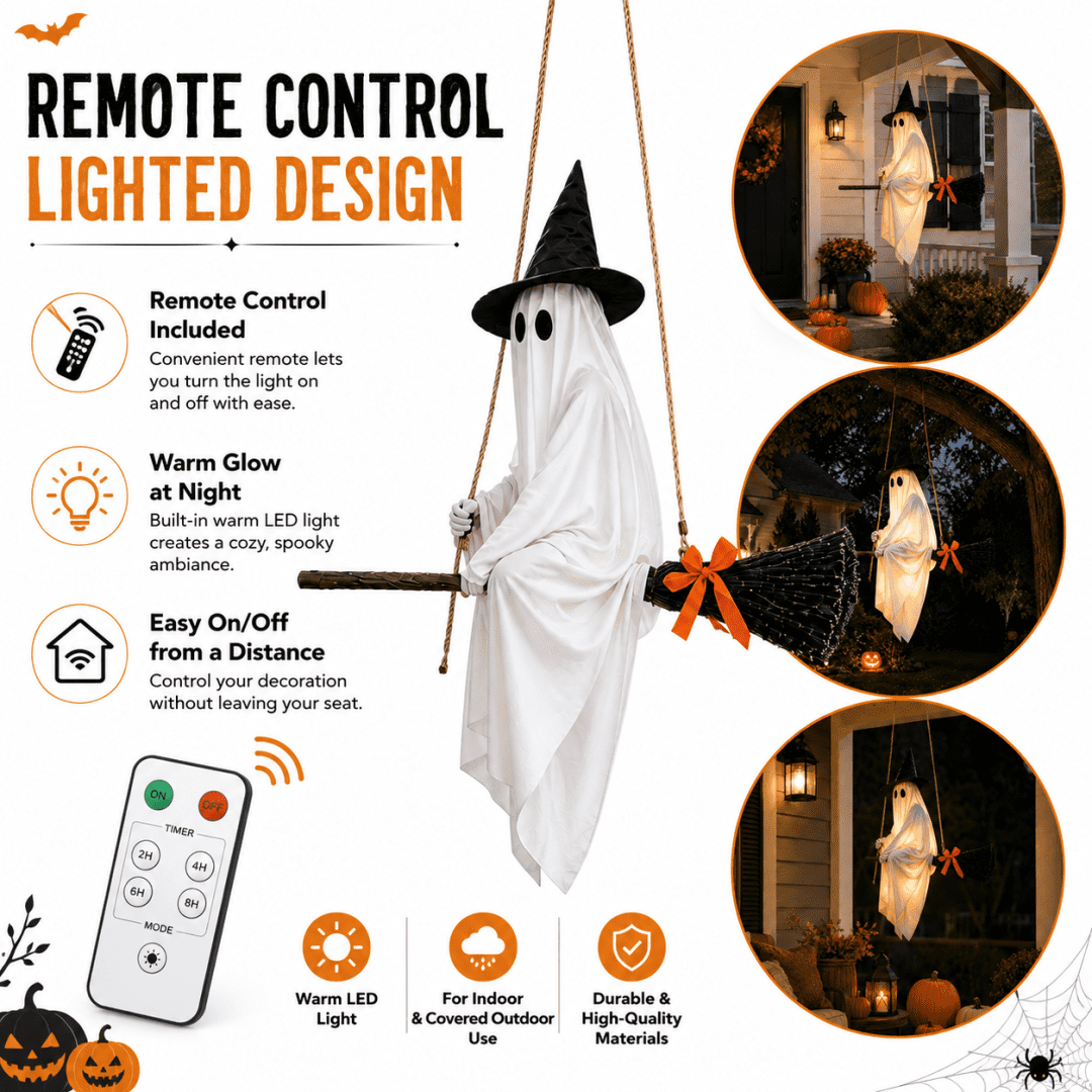 Witchwood™ LIGHTED HANGING GHOST WITCH HALLOWEEN DECORATION Floating White Ghost With Black Witch Hat Rustic Broom And Orange Bow Warm Glow