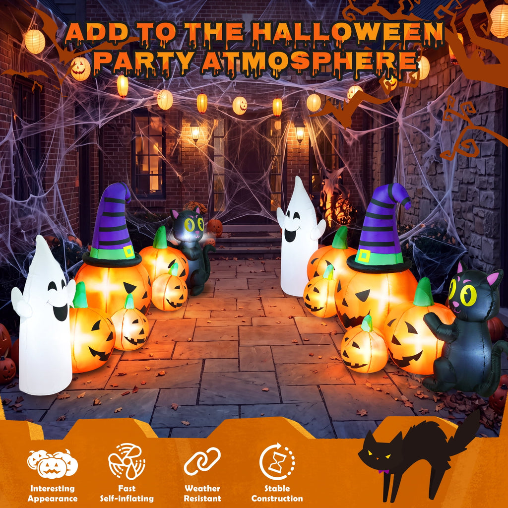 Witchwood™ 8FT Long Halloween Inflatable Pumpkin with Ghost and Black Cat,Outdoor Halloween Decoration with LED Lights for Yard Lawn Garden Porch Party Decor