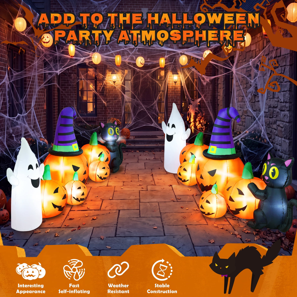 Witchwood™ 8FT Long Halloween Inflatable Pumpkin with Ghost and Black Cat,Outdoor Halloween Decoration with LED Lights for Yard Lawn Garden Porch Party Decor