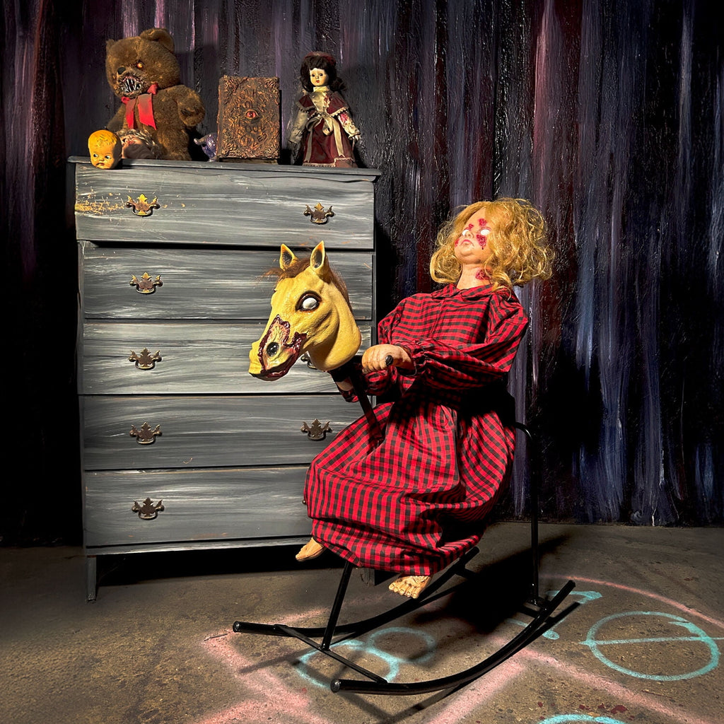 Witchwood™ 3.2 ft Voice & Sound-Sensor Rocking Horse Girl Halloween Animatronic, HHRCKHRSGRL-1FLSA
