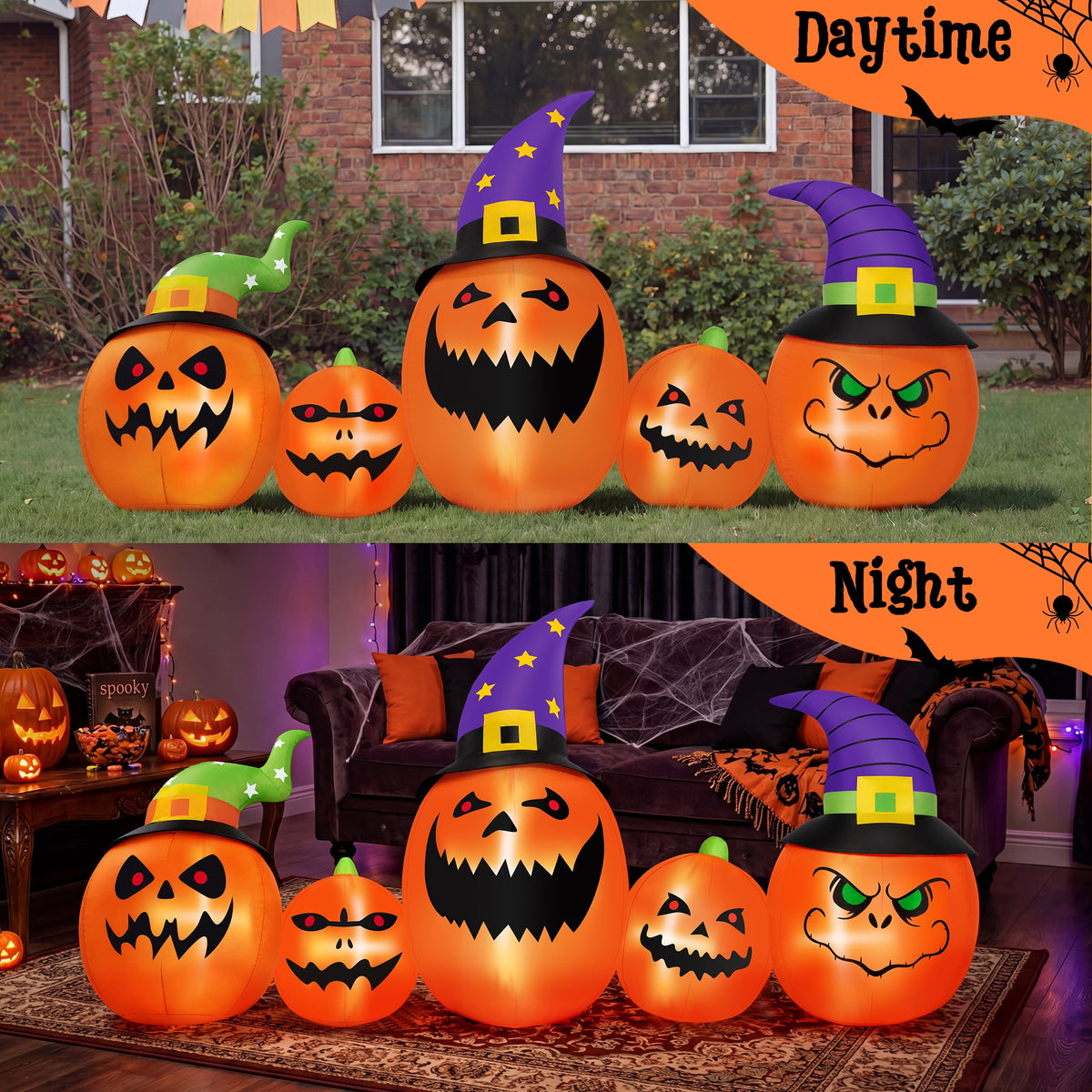 Witchwood™ (2 pack) 8FT Halloween Inflatable Pumpkins Blow ups Outdoor Decorations, Five Pumpkins with LED Lights for Party Yard
