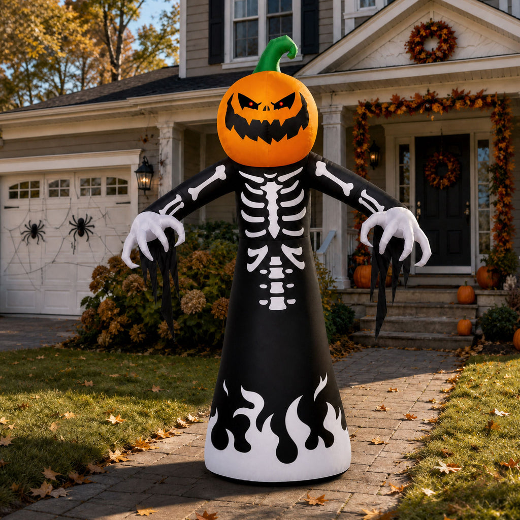 Witchwood™ 9 ft Halloween Inflatables Pumpkin Skeleton Decorations with Built-in LED Lights,Large Blow Up Decoration for Yard Lawn Garden Indoor Outdoor, Pumpkin Skeleton Inflatable Decoration