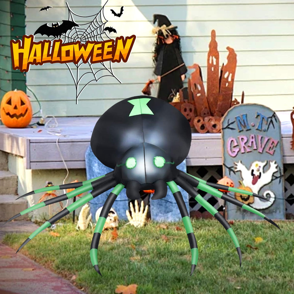Witchwood™ 7.2FT Halloween Inflatable Spider Outdoor Decoration, Blow Up Spider with LED Light Decor, Inflatable Holiday Yard Lawn Garden Decorations for Indoor Outdoor