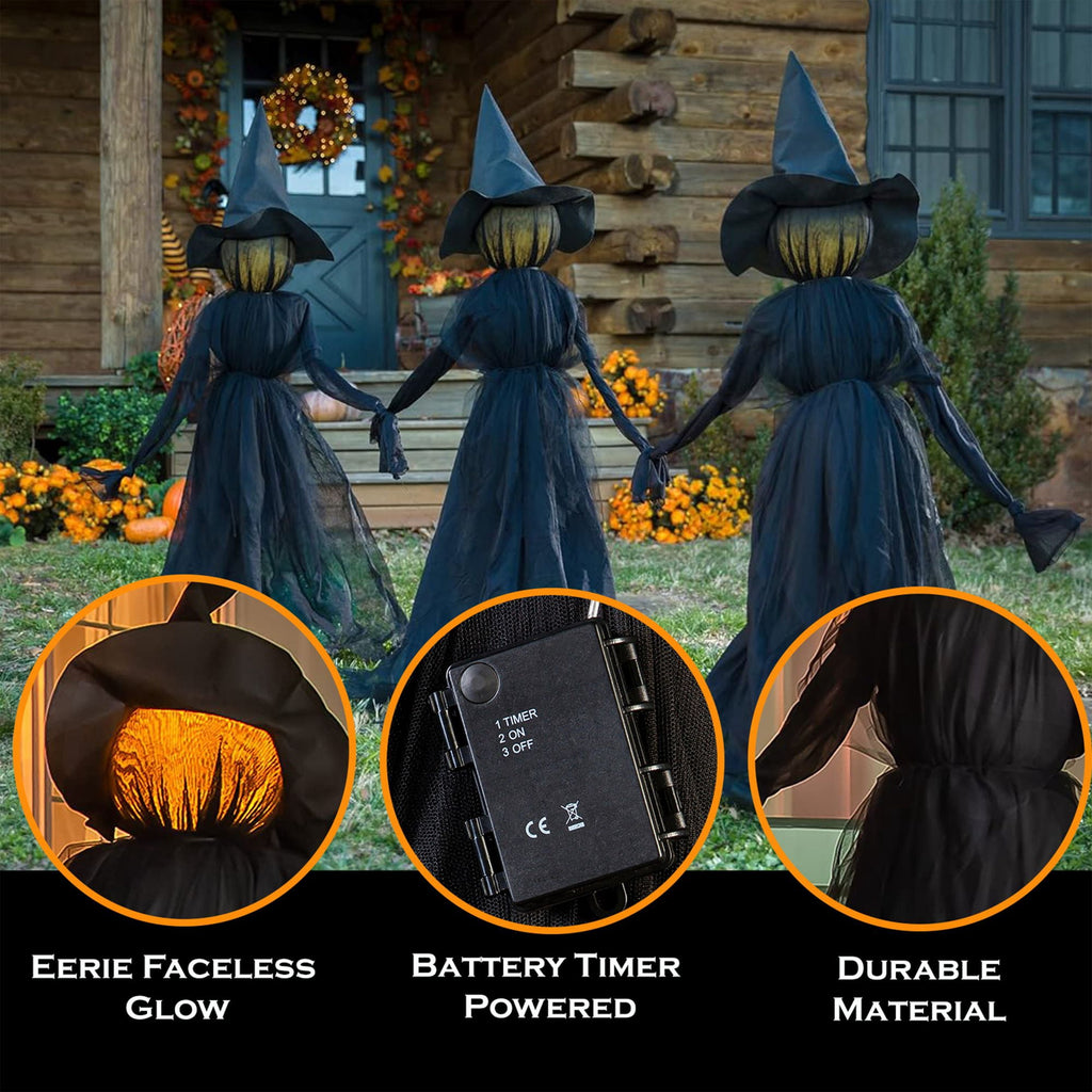 Witchwood™ Evergreen Set of 3 LED Lighted Halloween Witch Stakes, 4' Tall for Garden Lawn or Patio