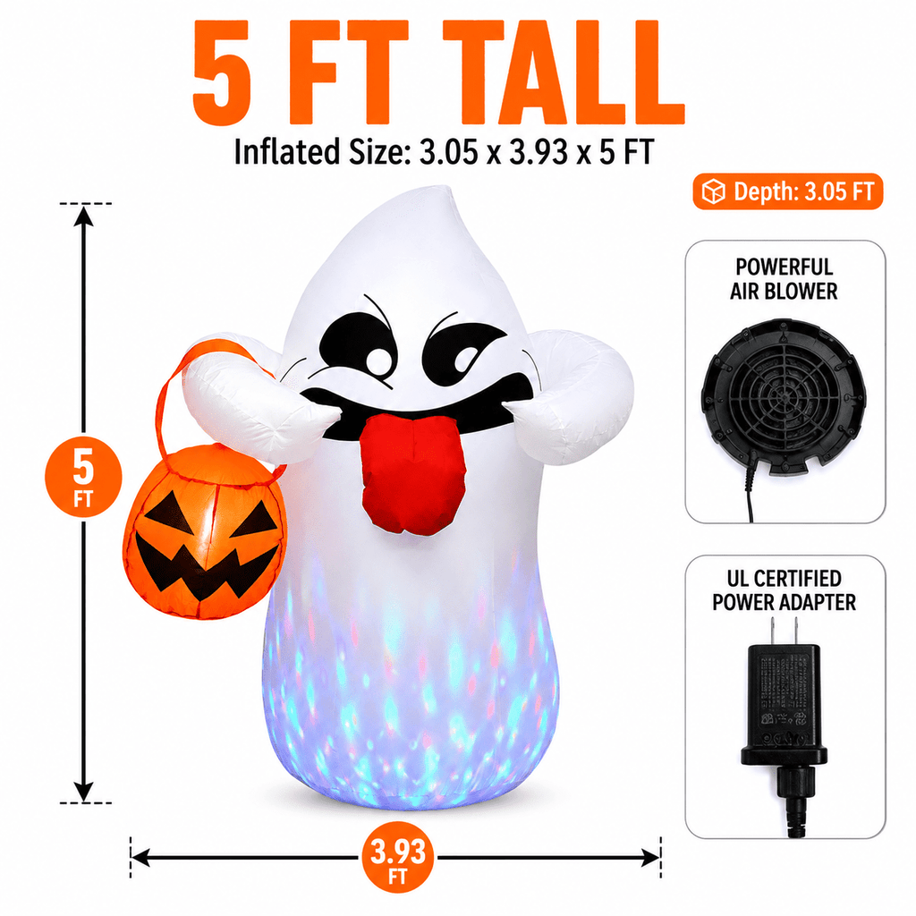 Witchwood™ 5FT Halloween Inflatable Ghost Holding Pumpkin Lantern, Light-Up Blow Up Outdoor Yard Decoration with RGB LED Lights