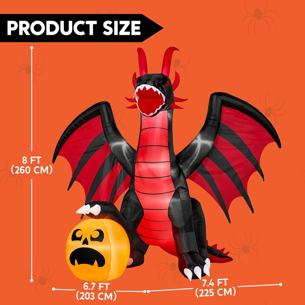 Witchwood™ 8 ft Halloween Inflatable Fire Dragon with Pumpkin,Animated Moving Mouth & Internal LED Lights,Blow Up Yard Decor Outdoor Lawn Garden Indoor Porch Patio Spooky Halloween Decoration