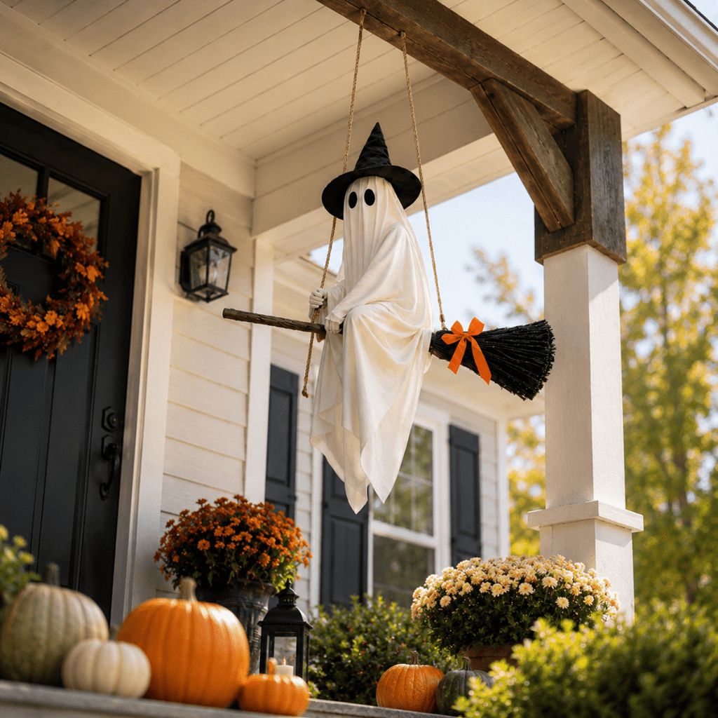 Witchwood™ LIGHTED HANGING GHOST WITCH HALLOWEEN DECORATION Floating White Ghost With Black Witch Hat Rustic Broom And Orange Bow Warm Glow