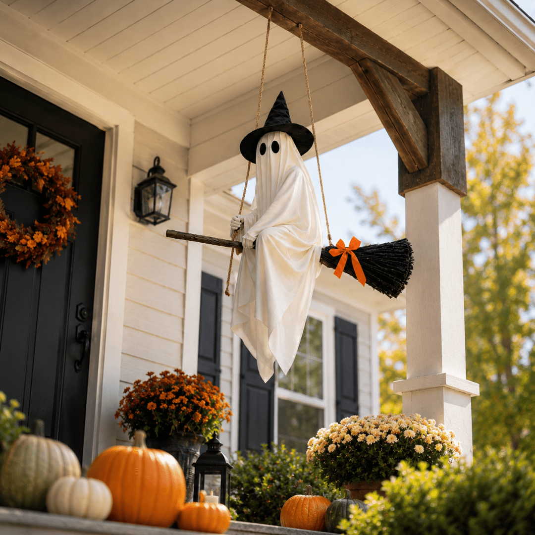 Witchwood™ LIGHTED HANGING GHOST WITCH HALLOWEEN DECORATION Floating White Ghost With Black Witch Hat Rustic Broom And Orange Bow Warm Glow