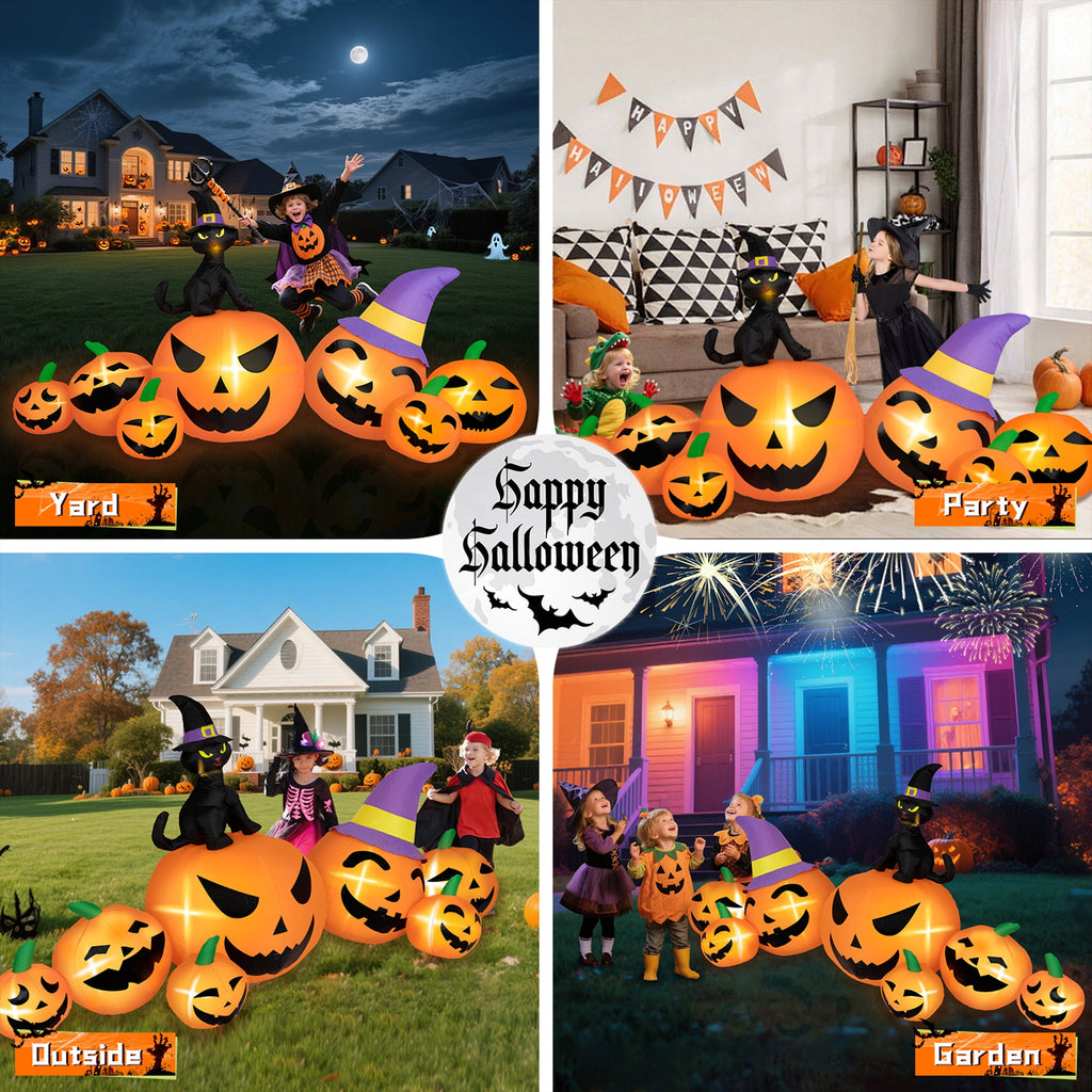 Witchwood™ B&D 8FT Long Halloween Inflatables Pumpkin, Blow Up Pumpkins Inflatables with Witch Hat & Black Cat Built-in LED Lights for Halloween Party Yard Garden Lawn Decor