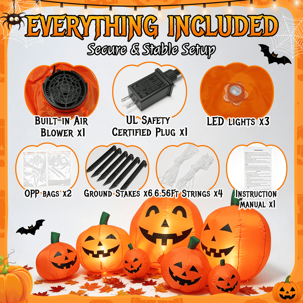 Witchwood™ 7.5 FT Long Halloween Inflatables Pumpkin Family Lighted,7 Pumpkins Blow Up Yard Decoration, Built-in LEDs, Stakes & Tethers Included for Outdoor Lawn Garden Halloween Decor