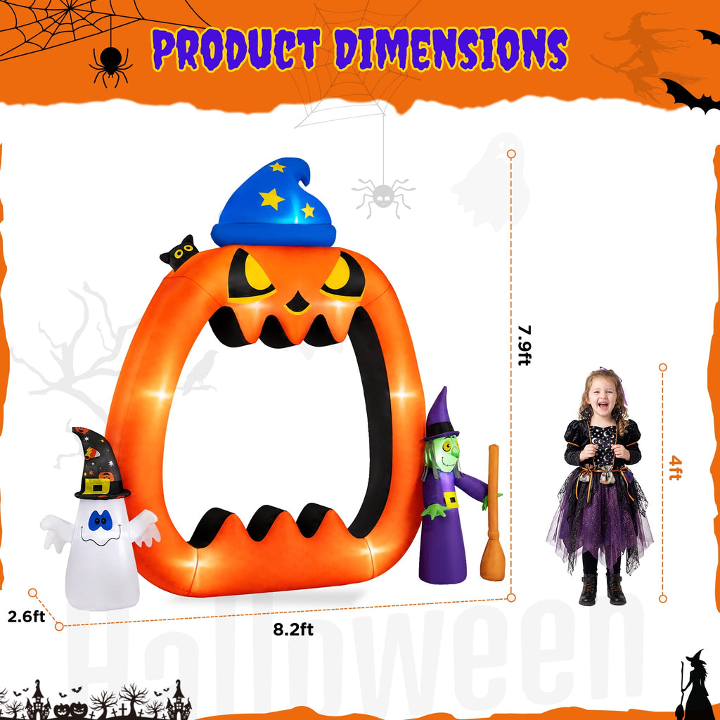 Witchwood™ 8.2ft Halloween Inflatable Pumpkins Photo Door with Ghost Witch Yard Party Outdoor Decorations with LED Lights