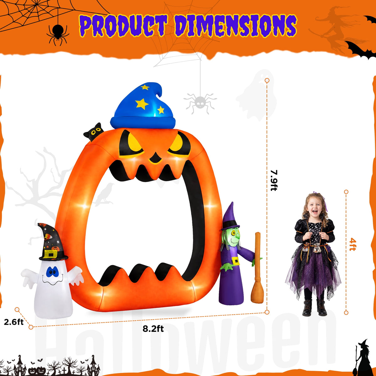 Witchwood™ 8.2ft Halloween Inflatable Pumpkins Photo Door with Ghost Witch Yard Party Outdoor Decorations with LED Lights