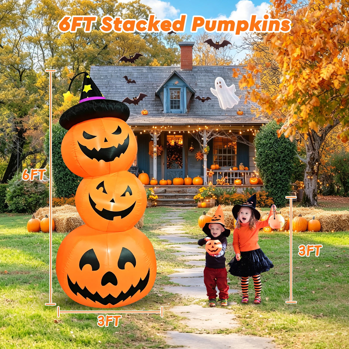 Witchwood™ Faburo 6FT Halloween Inflatable Pumpkin Stack with LED Lights, 3 Jack O Lantern Blow Up Outdoor Halloween Decorations for Yard Lawn Garden Porch