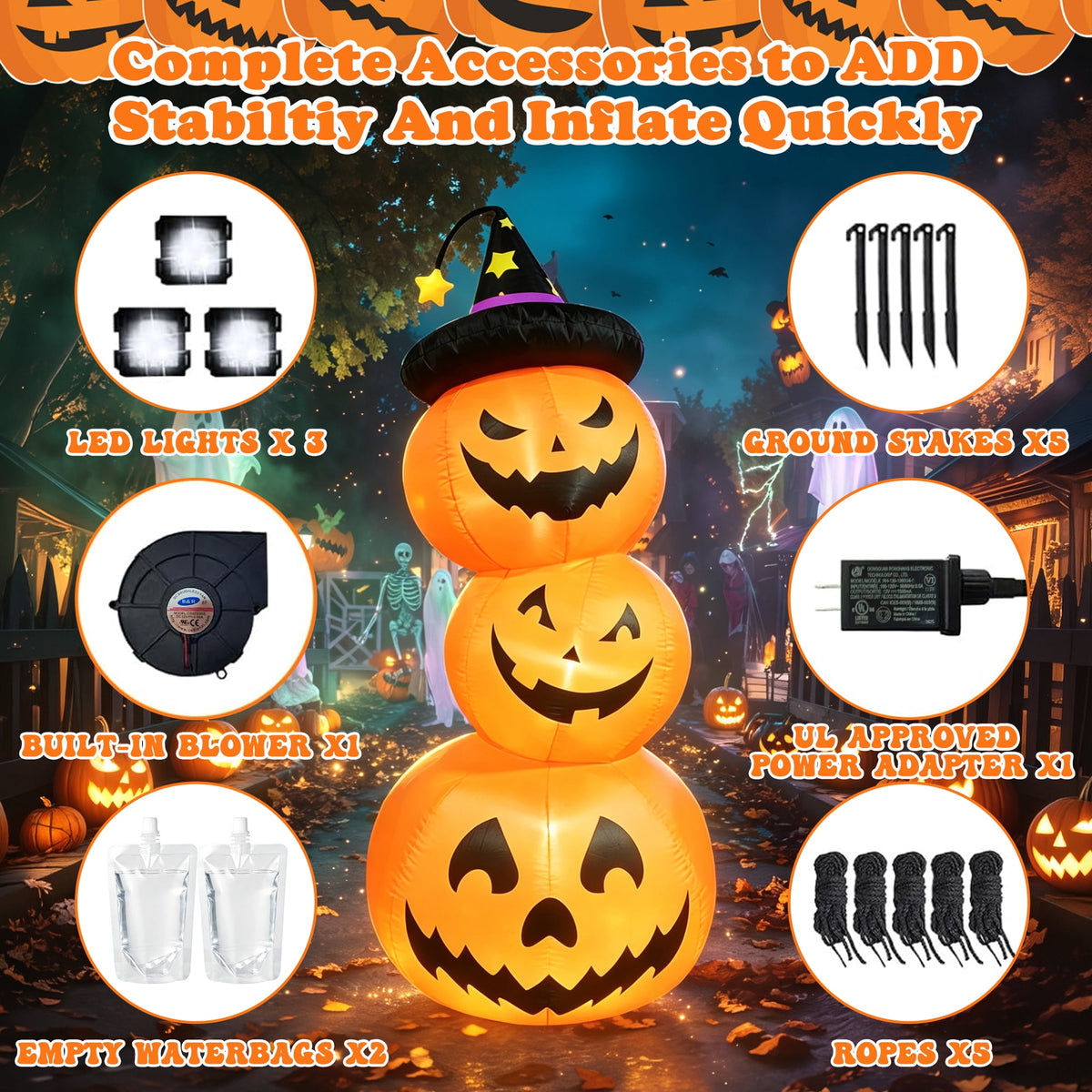 Witchwood™ Faburo 6FT Halloween Inflatable Pumpkin Stack with LED Lights, 3 Jack O Lantern Blow Up Outdoor Halloween Decorations for Yard Lawn Garden Porch