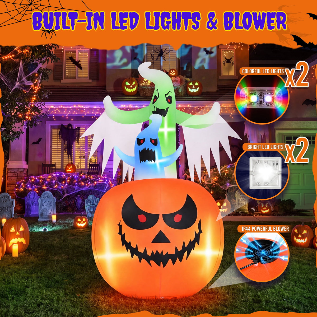 Witchwood™ (2 pack) 6ft Tall Halloween Inflatable,Ghosts Pumpkin with Colorful Flashing Lights,Blow ups Halloween Outdoor Decorations