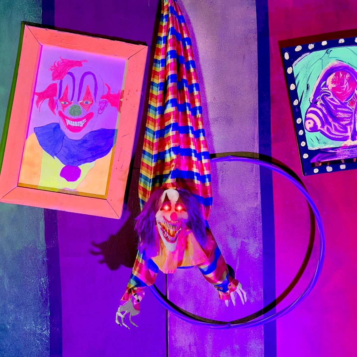 Witchwood™ 47 in Animatronic Hanging Upside Down Clown with Lights and Sound, Halloween Decoration, HHCLOWN-39HLSA