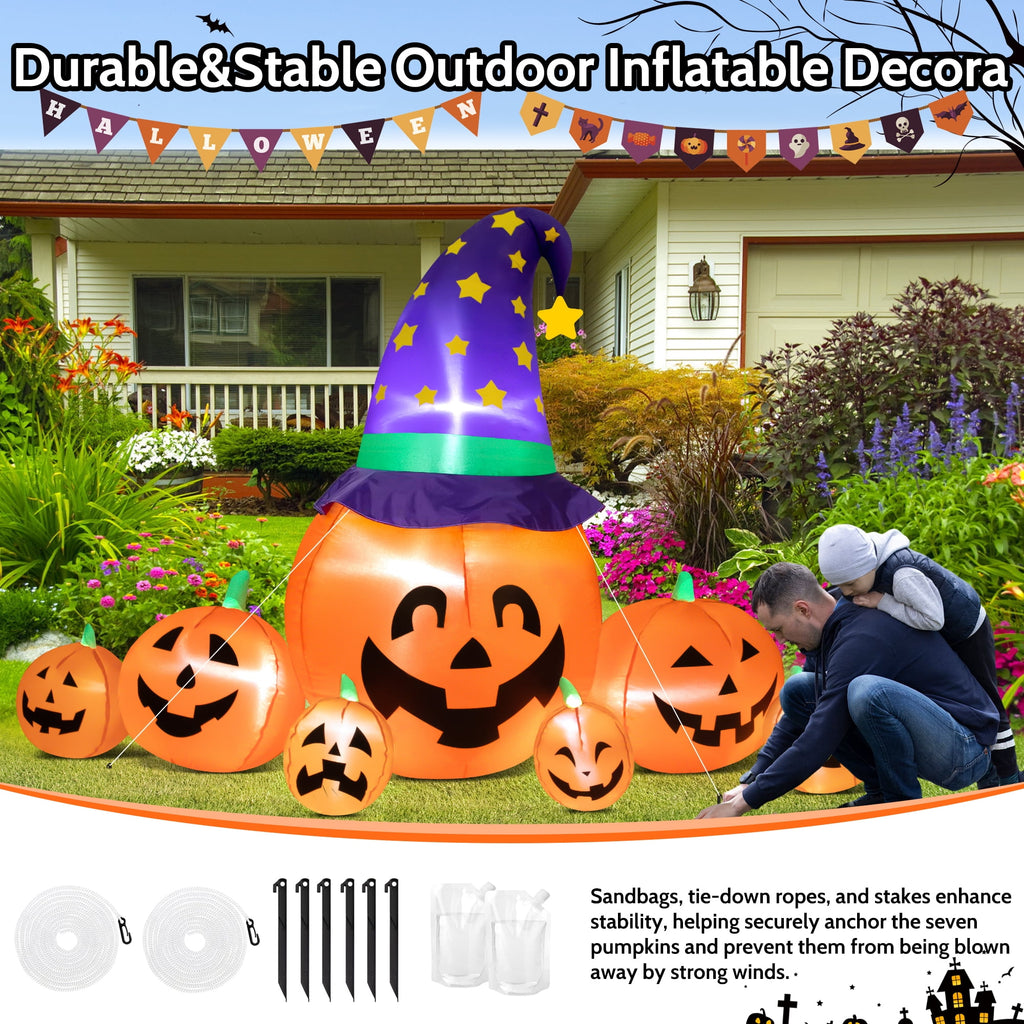 Witchwood™ 8.7ft Halloween Inflatables Pumpkins 7 Blow Up Decor with Witches Hat, Built-in LED Lights for Halloween Party, Yard, Garden, Lawn