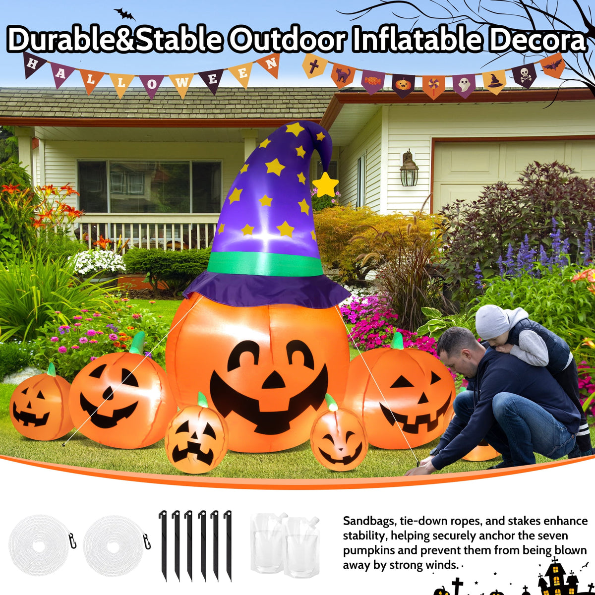 Witchwood™ 8.7ft Halloween Inflatables Pumpkins 7 Blow Up Decor with Witches Hat, Built-in LED Lights for Halloween Party, Yard, Garden, Lawn