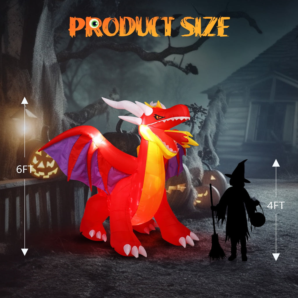 Witchwood™ 6FT Halloween Inflatables Fire Dragon Outdoor Halloween Decoration Built-in LED Lights
