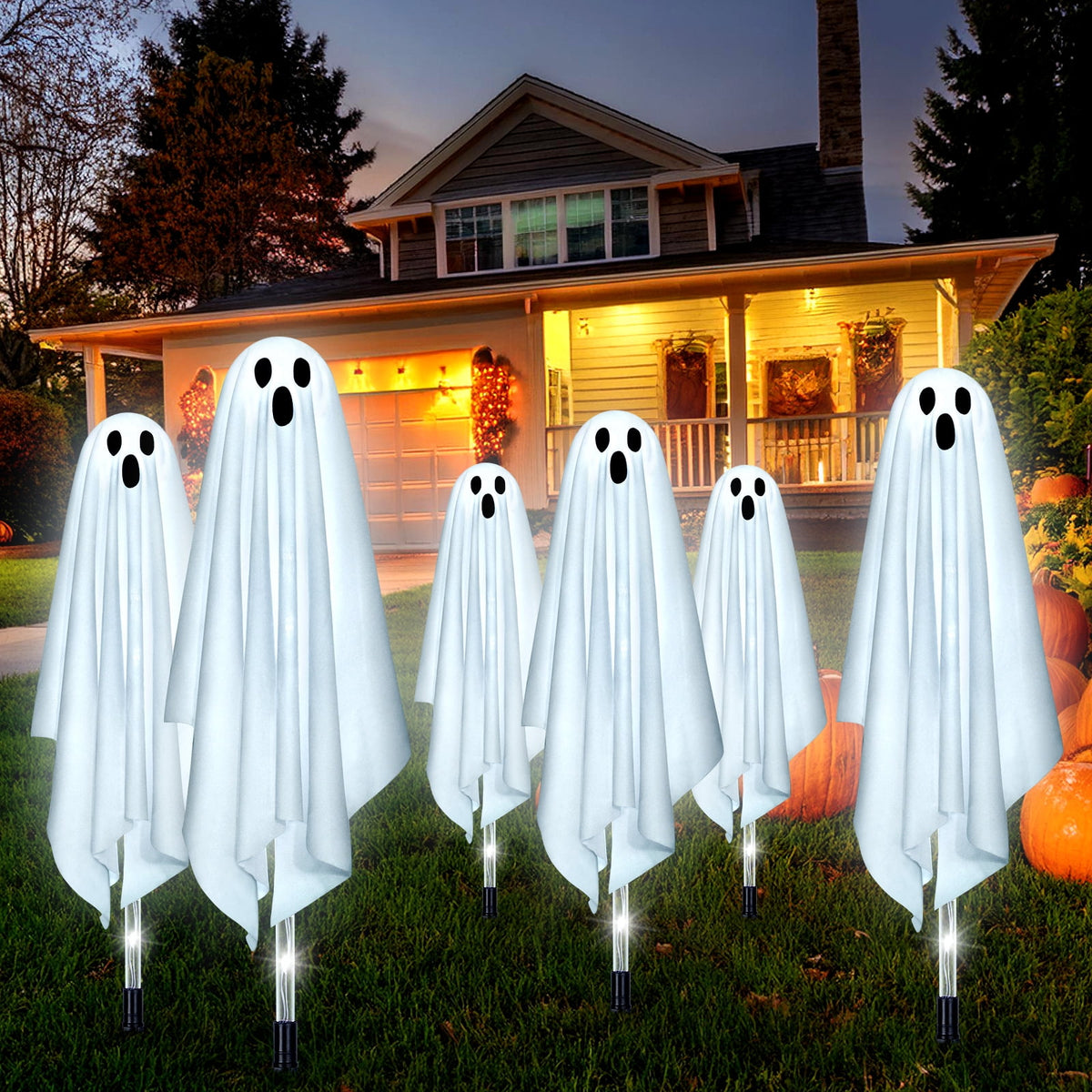 Witchwood™ Halloween Decorations Outdoor, 6 pack Light up Spooky Ghosts with 8 Modes LED Light - Scary Standing Ghosts Decor for Front Door Porch Yard Home Party