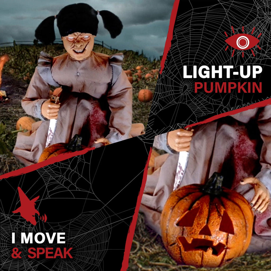 Witchwood™ Lunging Pumpkin Carver Zombie Girl with Jack O'Lantern by Tekky, 3.2 ft Premium Talking Halloween Animatronic, HHPMPCVR-FLSA